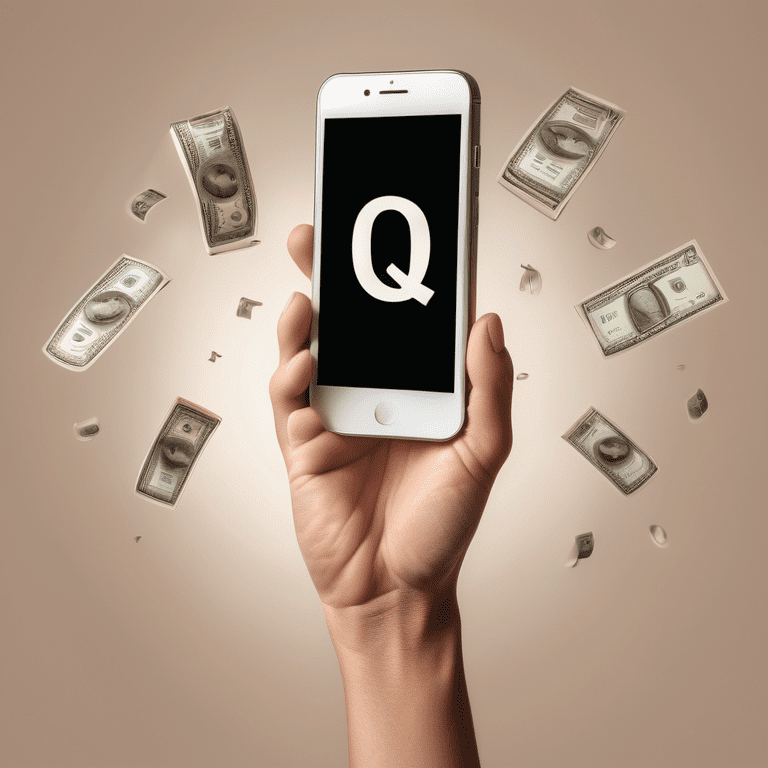 A hand presenting an old smartphone with floating dollar signs and question marks, against a gradient backdrop.