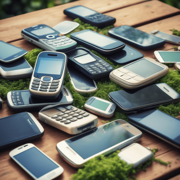 Assorted old mobile phones on a wooden surface, symbolizing recycling and environmental consciousness.