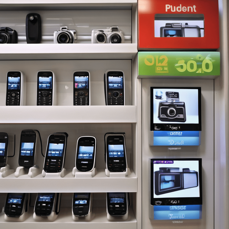 A customer examines budget camera phones at a vibrant shop front, taking a photo with one.